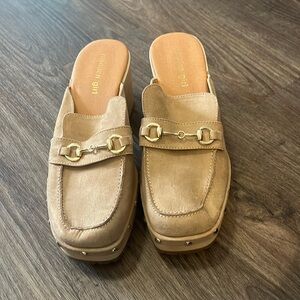 Madden Girl, Wedge slide heel, tan, suede, gently worn!